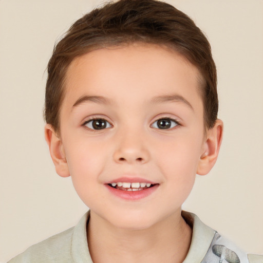 Joyful white child female with short  brown hair and brown eyes