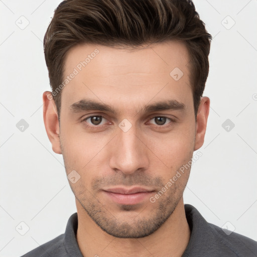 Neutral white young-adult male with short  brown hair and brown eyes