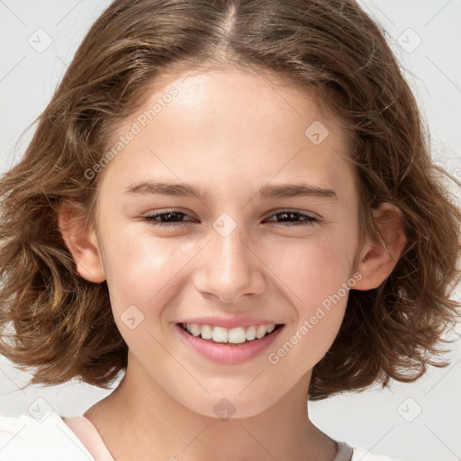 Joyful white child female with medium  brown hair and brown eyes