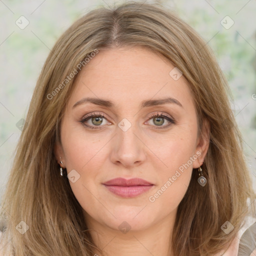 Joyful white young-adult female with medium  brown hair and green eyes