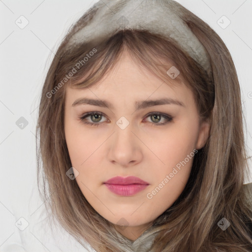 Neutral white young-adult female with medium  brown hair and brown eyes