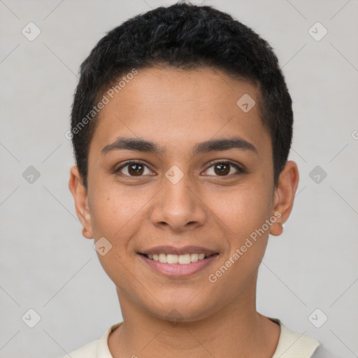 Joyful latino young-adult male with short  brown hair and brown eyes