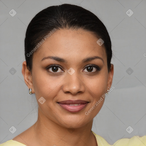 Joyful latino young-adult female with short  brown hair and brown eyes