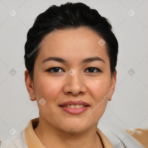 Joyful asian young-adult female with short  black hair and brown eyes