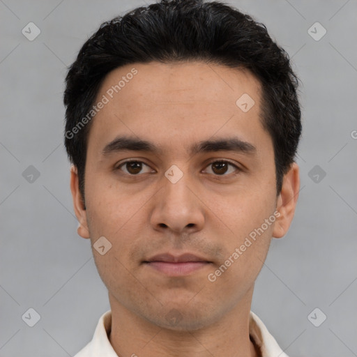 Neutral asian young-adult male with short  black hair and brown eyes