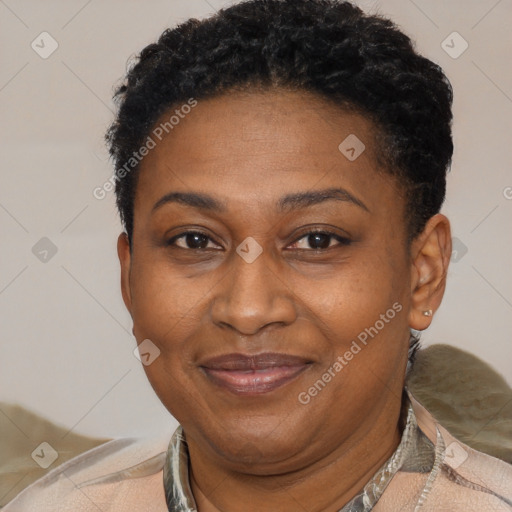 Joyful latino adult female with short  brown hair and brown eyes