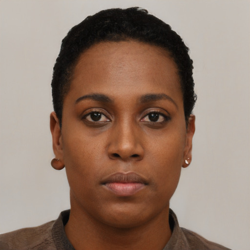 Neutral black young-adult female with short  black hair and brown eyes