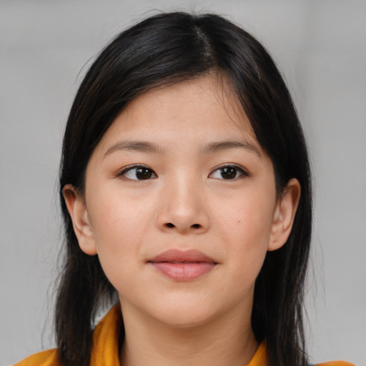 Neutral asian young-adult female with medium  brown hair and brown eyes