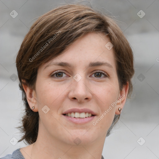 Joyful white young-adult female with medium  brown hair and grey eyes