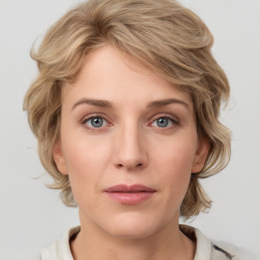 Joyful white young-adult female with medium  brown hair and blue eyes