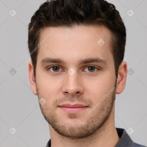 Neutral white young-adult male with short  brown hair and grey eyes