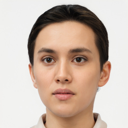 Neutral asian young-adult female with short  brown hair and brown eyes