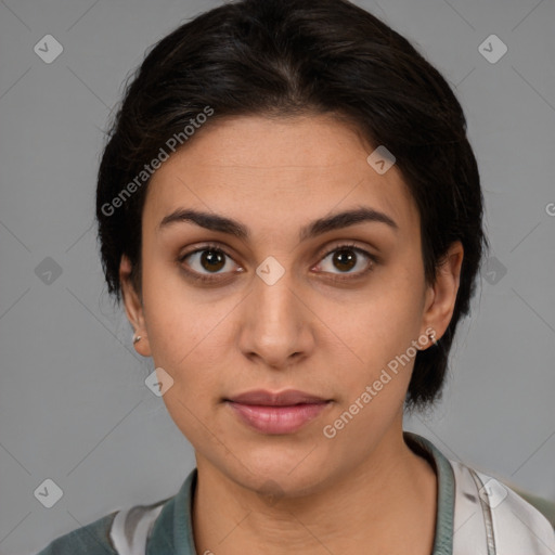 Neutral white young-adult female with medium  brown hair and brown eyes