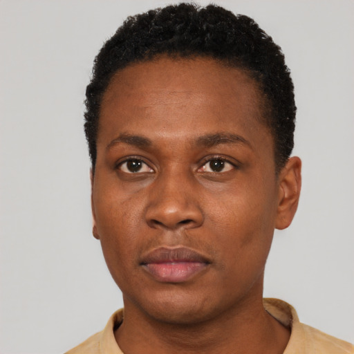 Neutral black young-adult male with short  black hair and brown eyes