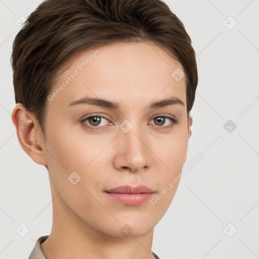 Neutral white young-adult female with short  brown hair and brown eyes