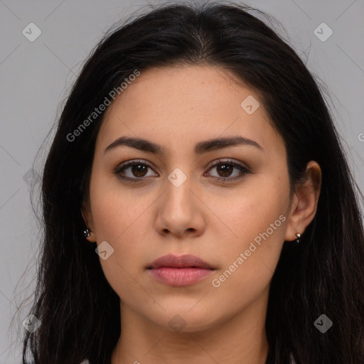 Neutral white young-adult female with long  brown hair and brown eyes