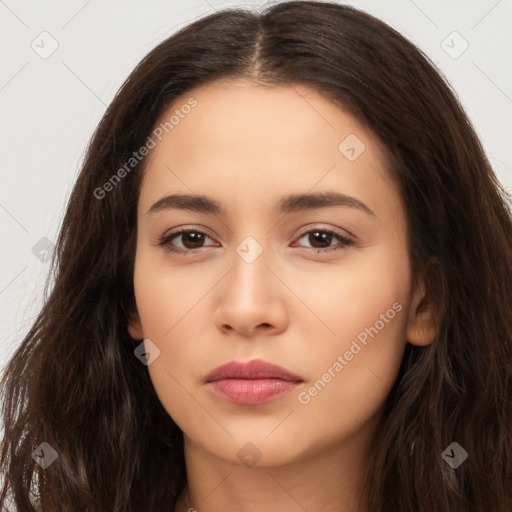 Neutral white young-adult female with long  brown hair and brown eyes