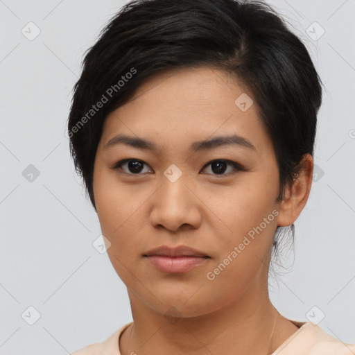 Neutral asian young-adult female with short  black hair and brown eyes