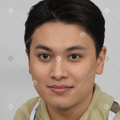 Joyful latino young-adult female with short  brown hair and brown eyes