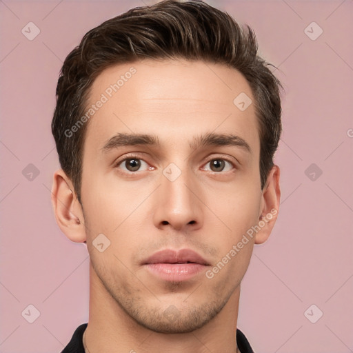 Neutral white young-adult male with short  brown hair and brown eyes