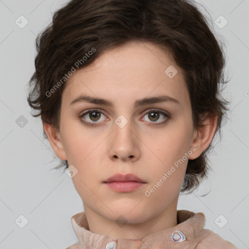 Neutral white young-adult female with medium  brown hair and brown eyes