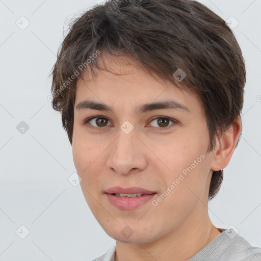 Joyful white young-adult female with short  brown hair and brown eyes