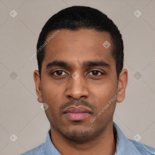 Neutral latino young-adult male with short  black hair and brown eyes