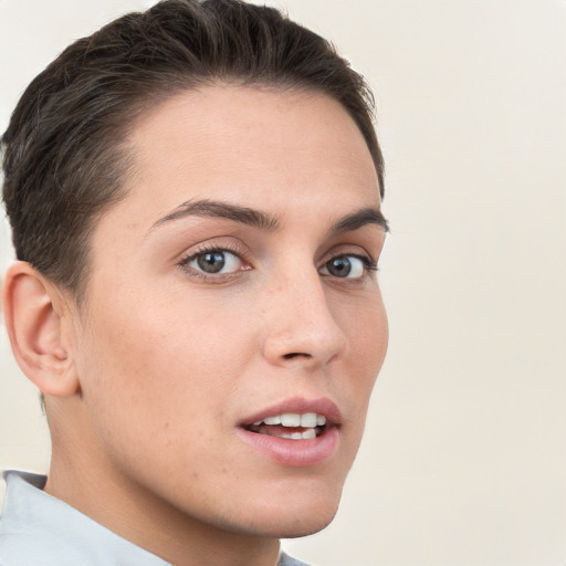 Neutral white young-adult female with short  brown hair and brown eyes