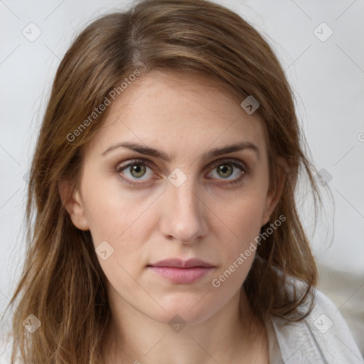 Neutral white young-adult female with medium  brown hair and brown eyes