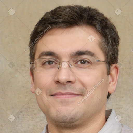 Joyful white adult male with short  brown hair and brown eyes