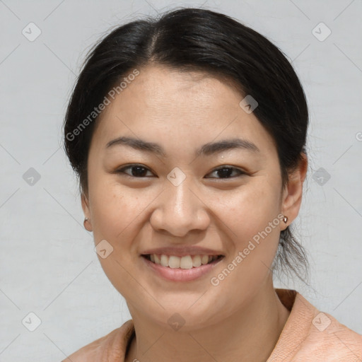 Joyful white young-adult female with medium  brown hair and brown eyes