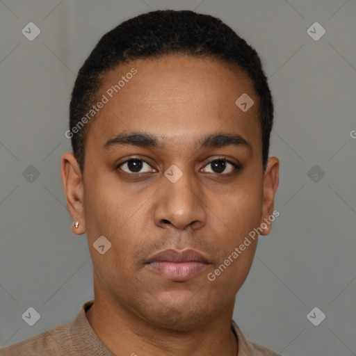 Neutral latino young-adult male with short  black hair and brown eyes