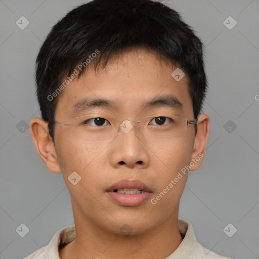 Neutral asian young-adult male with short  brown hair and brown eyes