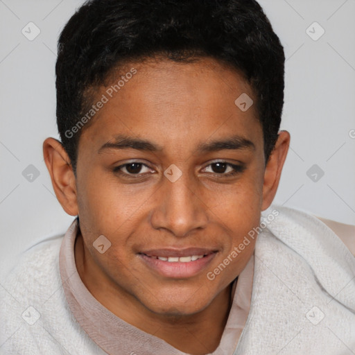 Joyful black young-adult male with short  brown hair and brown eyes