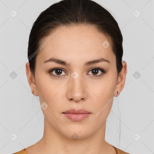 Neutral white young-adult female with medium  brown hair and brown eyes