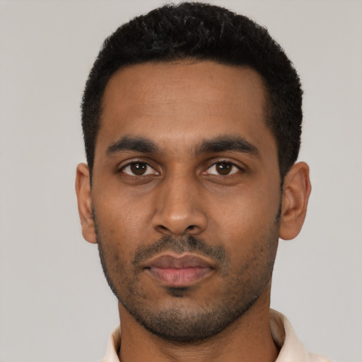 Neutral black young-adult male with short  black hair and brown eyes