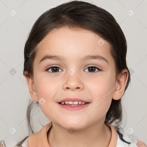 Joyful white child female with medium  brown hair and brown eyes