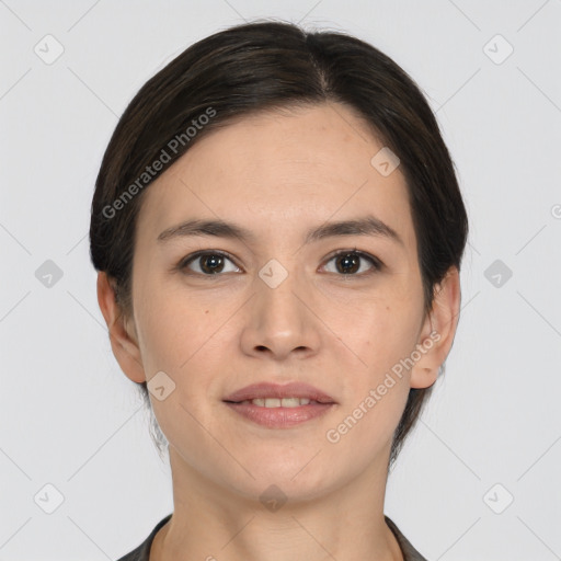 Joyful white young-adult female with medium  brown hair and brown eyes