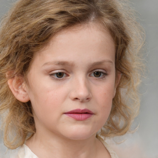 Neutral white child female with medium  brown hair and grey eyes