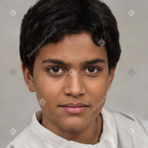 Joyful latino young-adult male with short  brown hair and brown eyes