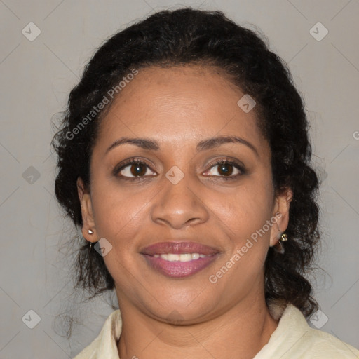 Joyful black young-adult female with medium  brown hair and brown eyes