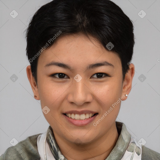 Joyful asian young-adult female with short  brown hair and brown eyes