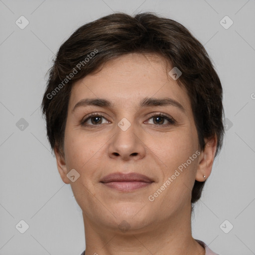 Joyful white young-adult female with short  brown hair and brown eyes