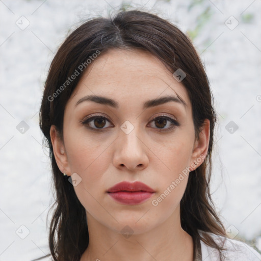 Neutral white young-adult female with medium  brown hair and brown eyes