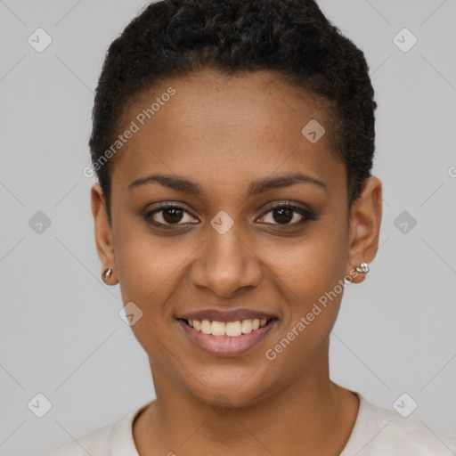 Joyful black young-adult female with short  brown hair and brown eyes