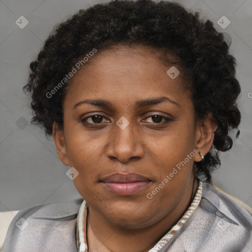 Joyful black adult female with short  brown hair and brown eyes