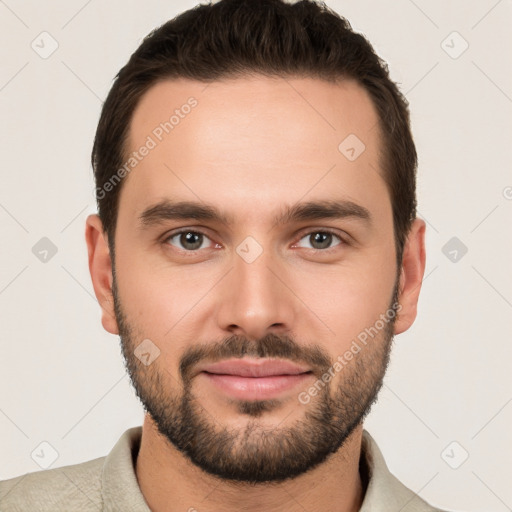 Neutral white young-adult male with short  brown hair and brown eyes