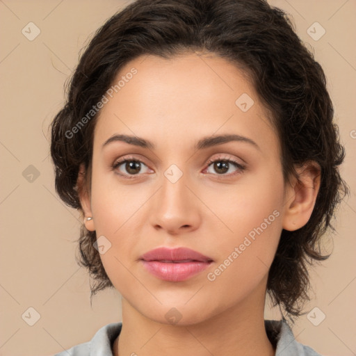 Neutral white young-adult female with medium  brown hair and brown eyes