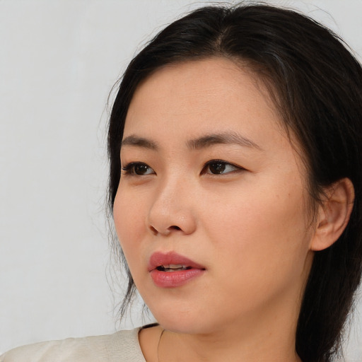 Neutral asian young-adult female with medium  black hair and brown eyes