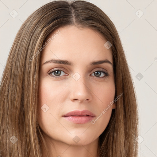 Neutral white young-adult female with long  brown hair and brown eyes